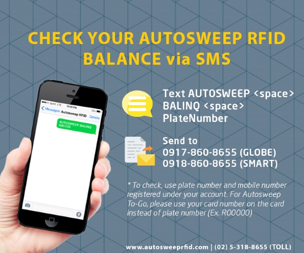 check autosweep RFID balance via SMS
